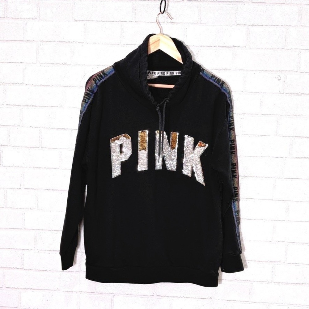 PINK Sequin Logo Hoodie Size M Rainbow Tape Hooded Sweatshirt McBling Spellout